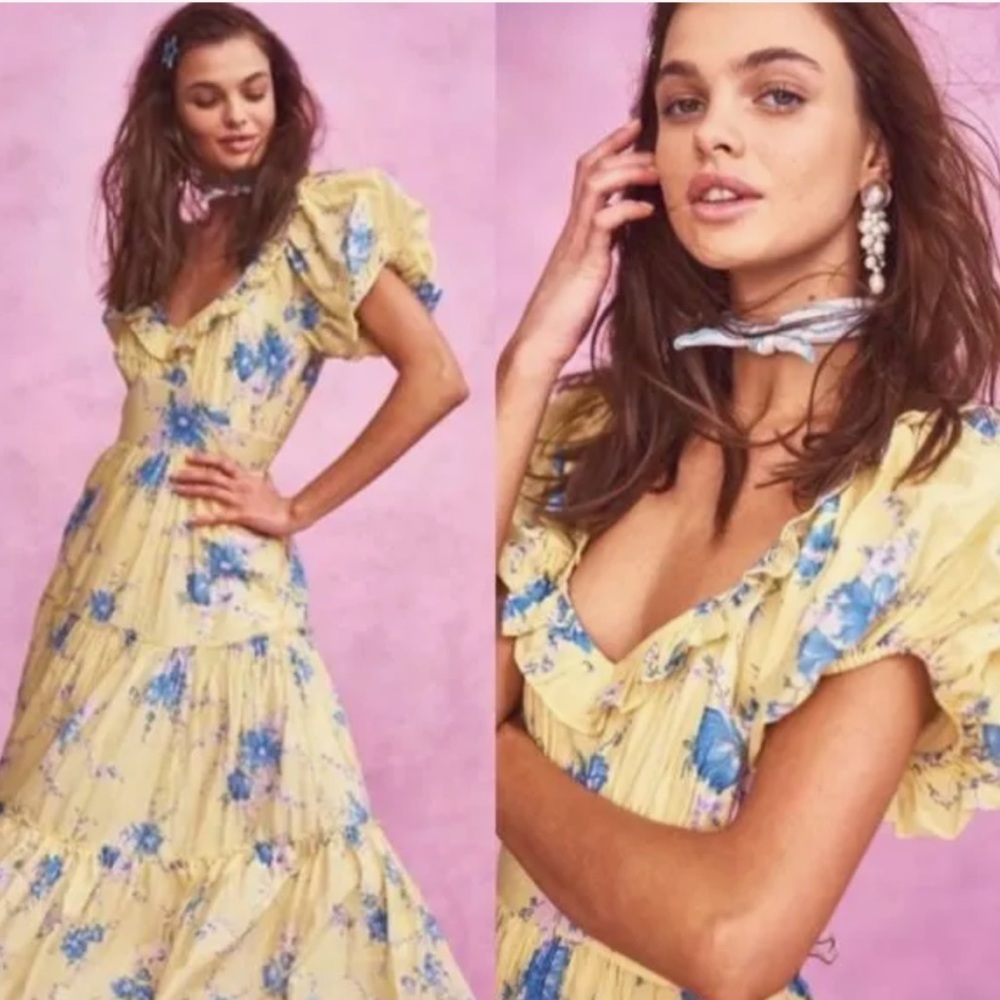LoveShackFancy Emory Yellow Dress- Puff sleeve milkmaid midi dress - Picture 4 of 7
